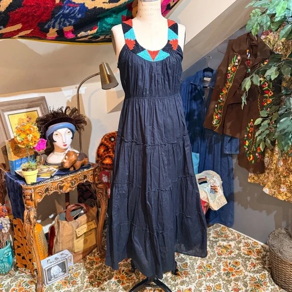 Chaudry Black Cotton Beaded Neckline Tiered Maxi Dress Boho - L - Picture 2 of 9